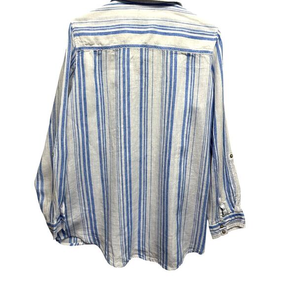 Woman Striped Linen Button Up Tunic Shirt White Blue L Jones New York Classy - Picture 7 of 9